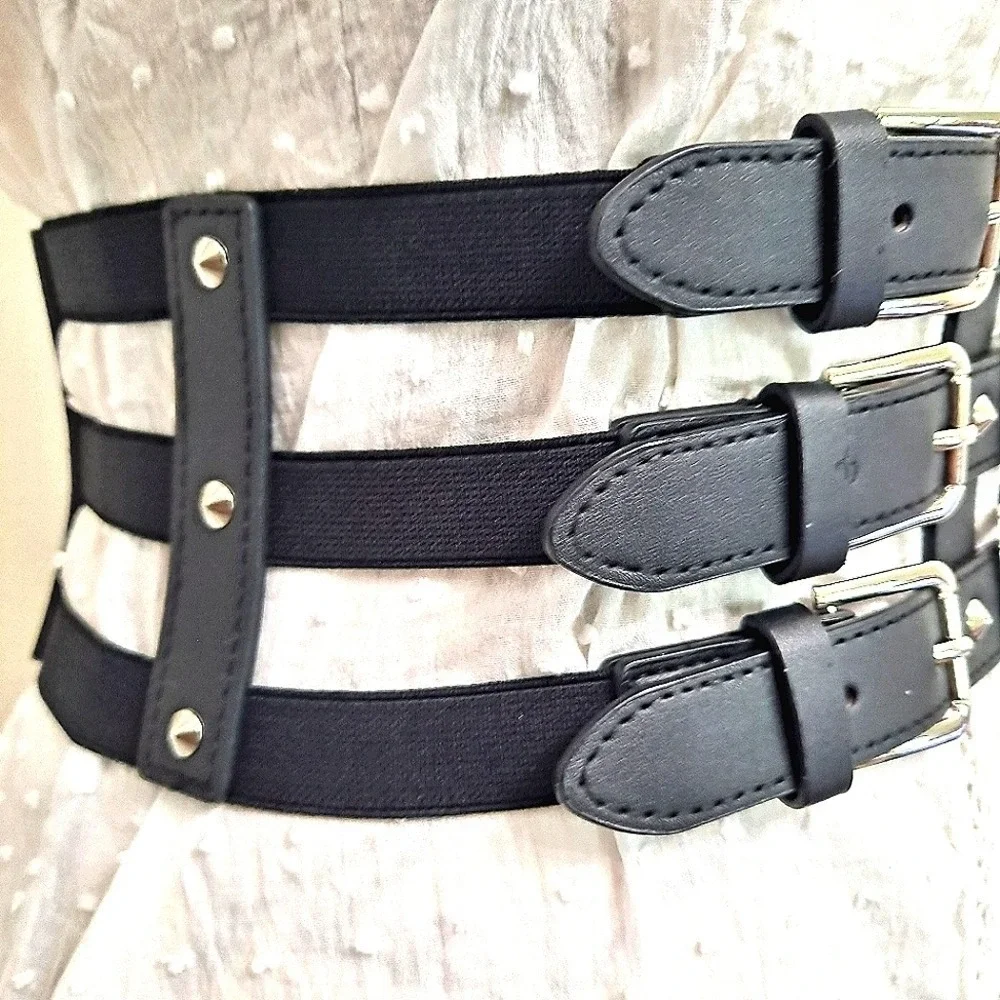 Faux leather Wide corset waist Black Belt studded Goth punk Triple buckle